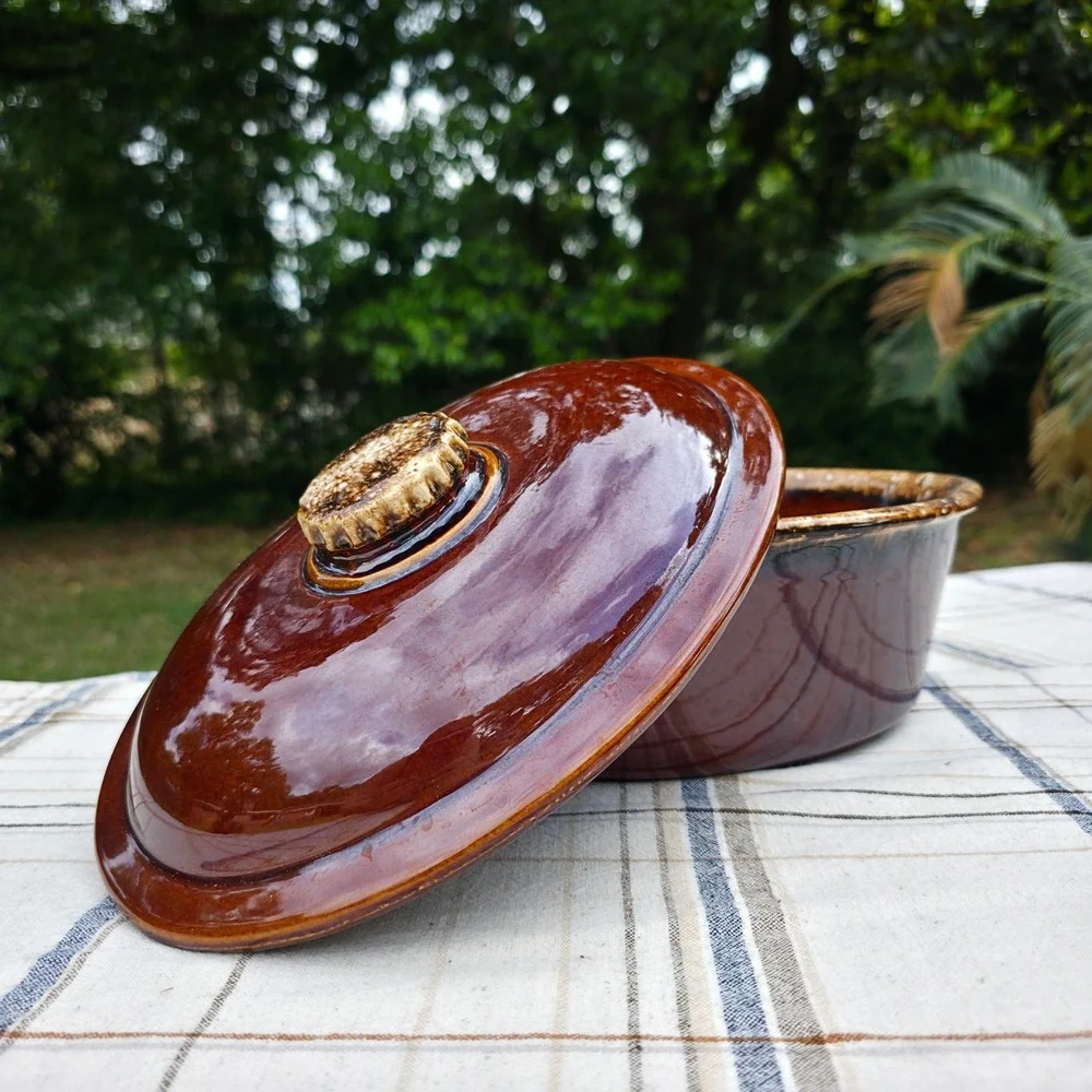 Hull Pottery Casserole Dish w/ Lid Oven Proof USA Mirror Brown Drip Oval 10 Inch